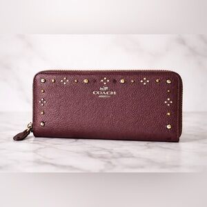 Coach Burgundy Studded Zip Around Leather Wallet Wristlet New York